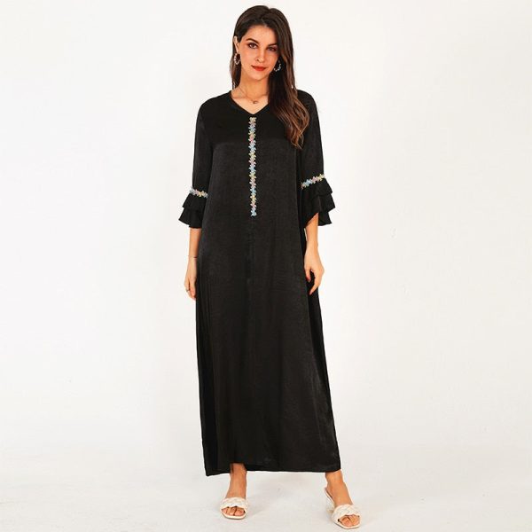 Summer Women Long Dress Black Vintage V-neck Hemmed Ruffle Half Sleeves Bohemia Loose Casual Fashion Solid Color Ankle Dresses