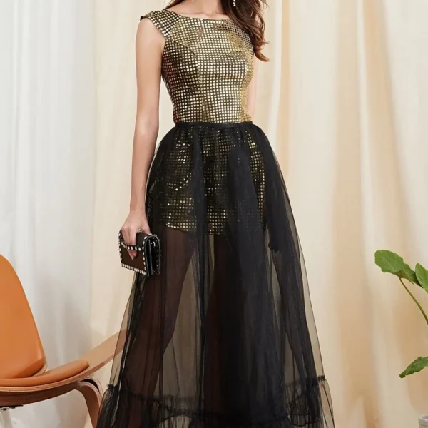 Women's Twinsets O Neck Short Sleeves Sequined Dresses with Ruffles Skirts Two Piece Dress Sets