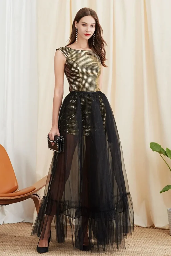 Women's Twinsets O Neck Short Sleeves Sequined Dresses with Ruffles Skirts Two Piece Dress Sets