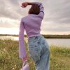 LVINMW V Neck Flare Sleeve Long Drawstring Slim Purple Crop Top Pleated Solid Simple Sweet T Shirts Women Casual Autumn Tops - Hplify