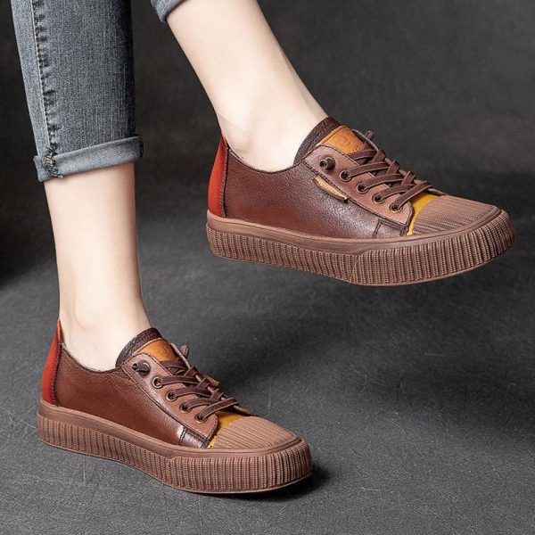Women Sneakers Genuine Leather Sandals Lace-Up  Handmade All-Match Platform Sneakers