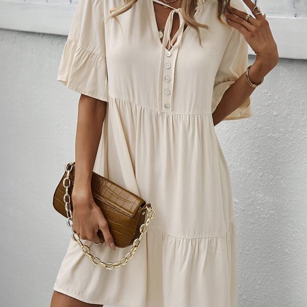 Alternative view of Spring Summer Solid Short Dress Women Casual Single Breasted Half Sleeve Ladies Temperament High Wasit Party Dresses New