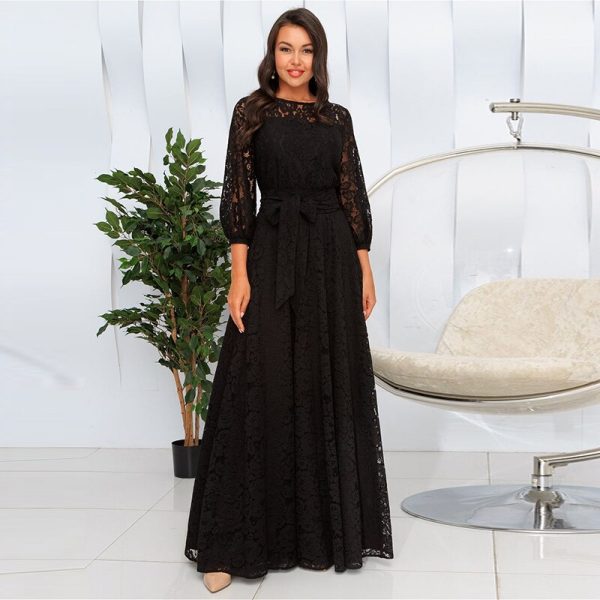 Alternative view of Vintage Black Lace Maxi Dress For Party And Festival Lantern Sleeve o Neck Bandage Sexy Dresses For Women