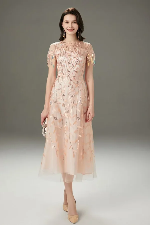 Women's Runway Dresses O Neck Short Sleeves Embroidery Beaded Layered Fashion Mid Calf Dresses