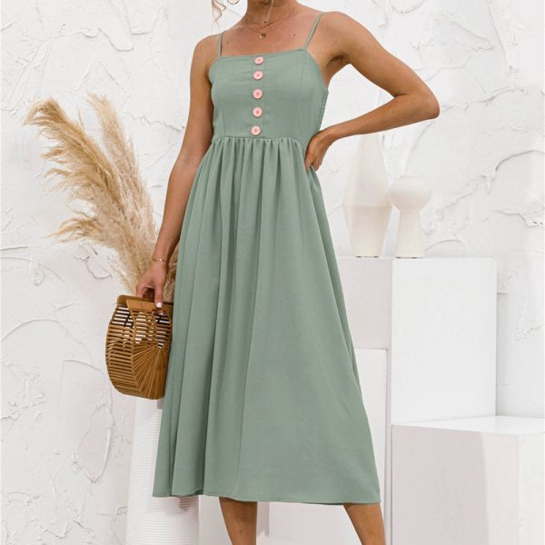 Summer Women Spaghetti Strap Button Dress Party Beach Sundress Ladies Solid Sexy Long Dresses Female Sweet