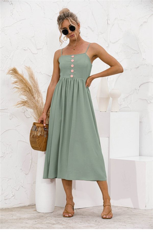Summer Women Spaghetti Strap Button Dress Party Beach Sundress Ladies Solid Sexy Long Dresses Female Sweet