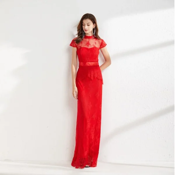 Alternative view of Women's Runway Dresses Stand Collar Short Sleeves Embroidery Lace Ruffles Elegant Long Pencil Evening Party Prom