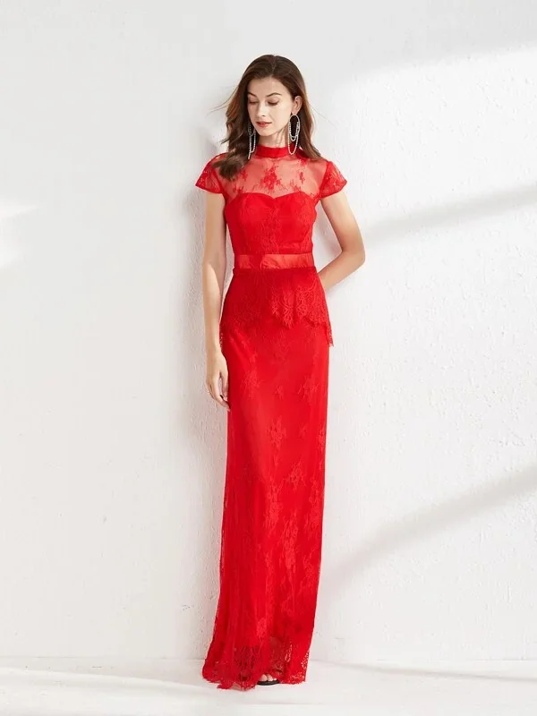 Alternative view of Women's Runway Dresses Stand Collar Short Sleeves Embroidery Lace Ruffles Elegant Long Pencil Evening Party Prom