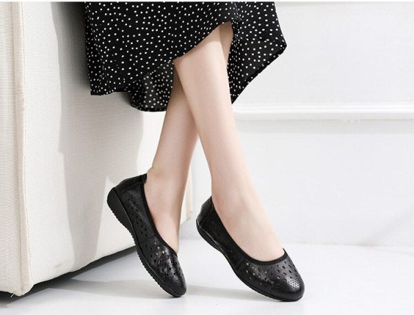 Spring Genuine Leather Flat Summer Shoes Women  Casual Hollow Breathable Soft Bottom Ladies Flats Plus Size 35-43