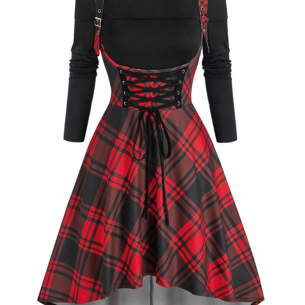 Vintage Off The Shoulder Tee and Lace Up Plaid Crisscross Suspender Dress Set Buckle Plaid Dress Women Party Femme Dress