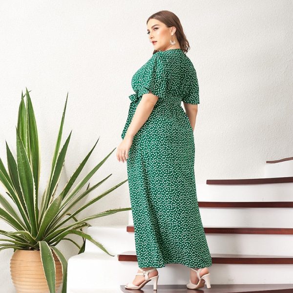 Alternative view of Summer Maxi Dress Women Green Floral Sashes Front Belted Split Flared Short Sleeve V-neck Boho Holiday Robes