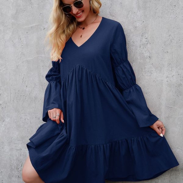 Alternative view of Summer Bohemian Holiday Long Dress For Laides Big Swing Ruffle V Neck Solid Color All Match Causal Chic Dress