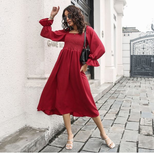 Spring Flare Sleeve Pleated Dress For Women Slash Neck Solid Medium Long High Wasit Party Dresses Female Casual