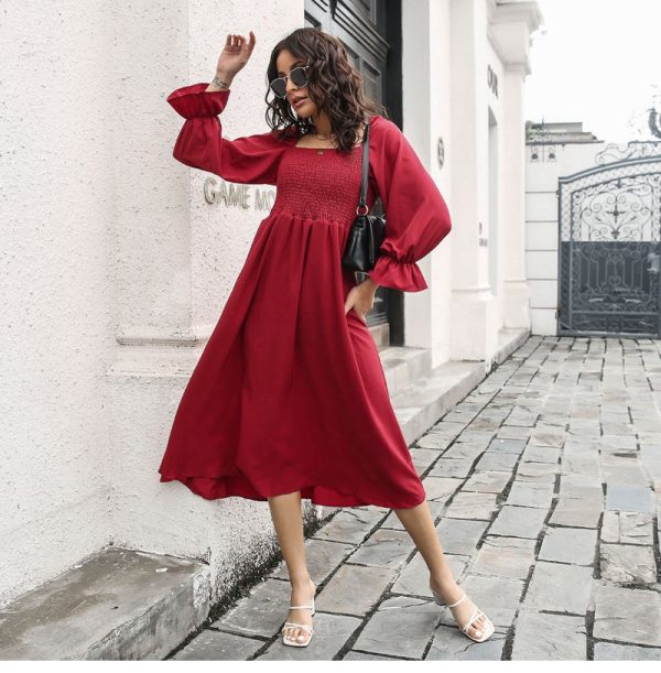 Spring Flare Sleeve Pleated Dress For Women Slash Neck Solid Medium Long High Wasit Party Dresses Female Casual