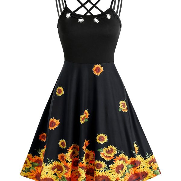 Grommet Strappy Sunflower Patterned Dress