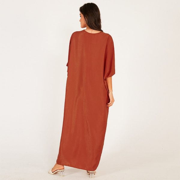 Alternative view of Summer Women Orange Long Dress Vintage Slit V-neck Webbing Half Sleeve Batwing Sleeve Loose Fashion Dress
