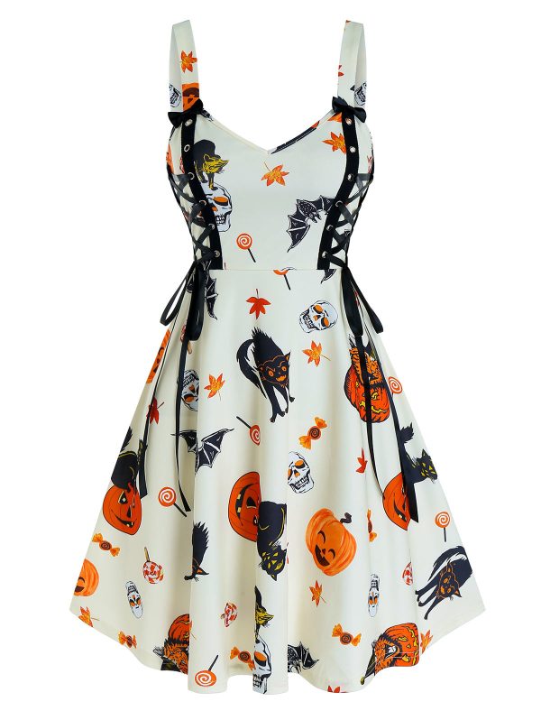 Halloween Pumpkin Print Lace Up Mini Cami Dress Women Gothic Spaghetti Strap Casual Sexy Vintage Dress Plus Size 3xl