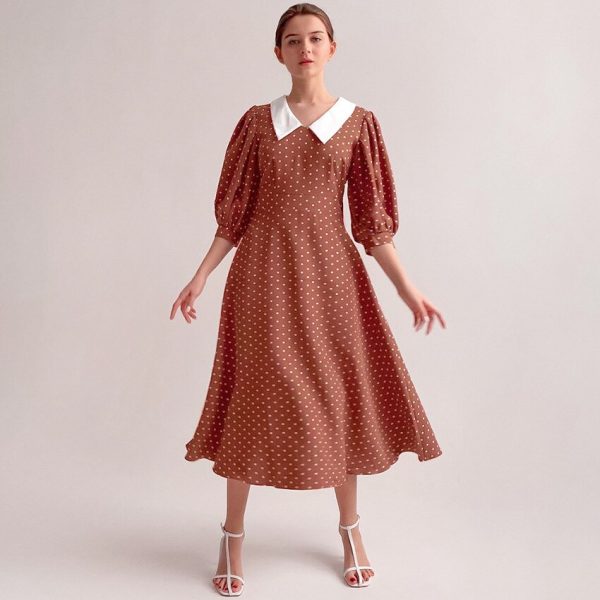 Polka Dot Printed a Line Party Dress Lantern Sleeve Turn Down Collar Vintage High Waist  Sweet Summer New