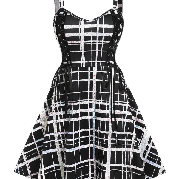 Sexy Lace Up Black Punk Plaid Skater Dress Gothic Women Sleeveless Straps Mini Casual Party Dress Harajuku Plus Size