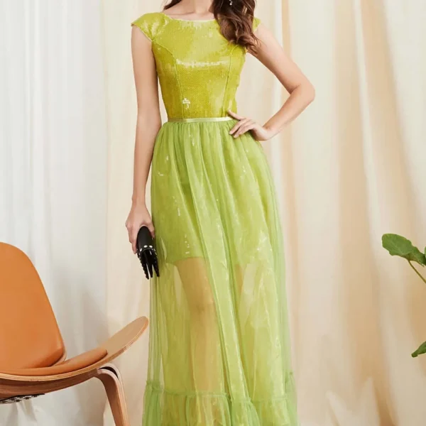 Alternative view of Women's Twinsets Slash Neckline Short Sleeves Sequined Dresses with Ruffles Skirts Two Piece Dress Sets