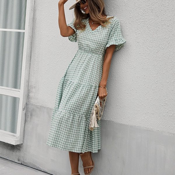 Spring Summer Plaid Casual Long Dress Women V Neck Slim High Waist Ladies A Line Party Maxi Dress