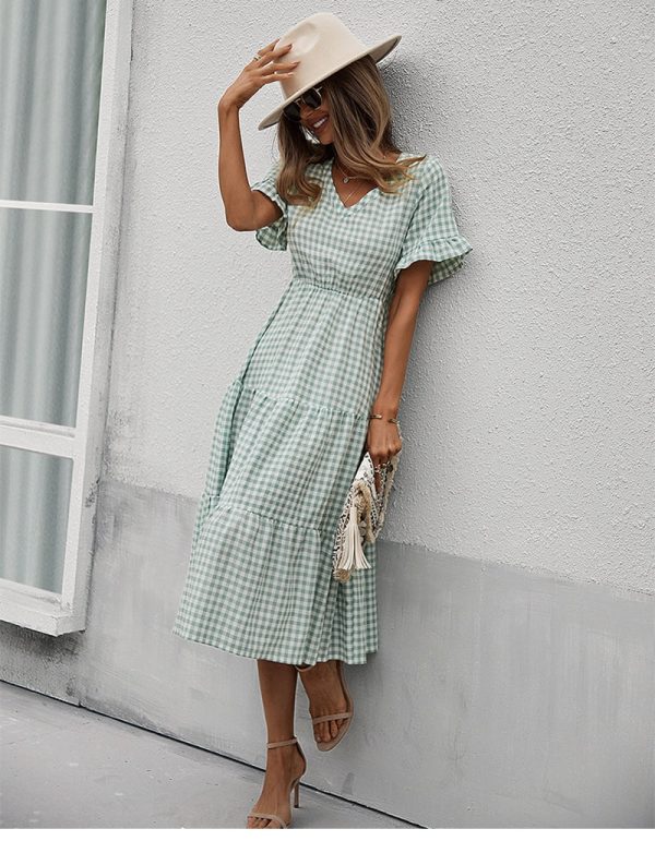 Spring Summer Plaid Casual Long Dress Women V Neck Slim High Waist Ladies A Line Party Maxi Dress