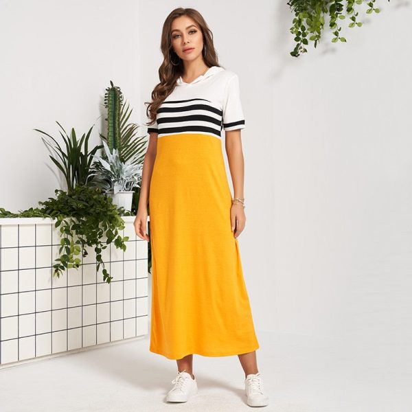 Long  Hooded Dress Casual Striped Yellow & White Stitching Colorblock Loose Short-Sleeves College Dresses