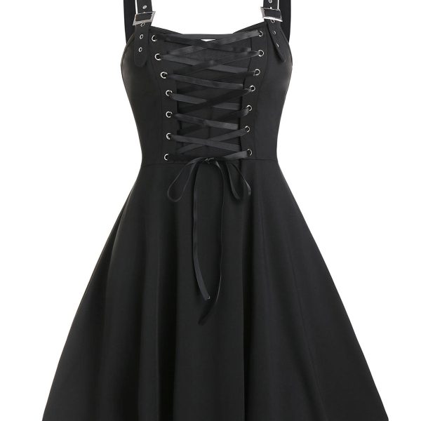 Sexy Lace Up Buckle Strap A Line Dress Gothic Harajuku Vintage Summer Sleeveless Party Dress Women Plus Size Casual Dress