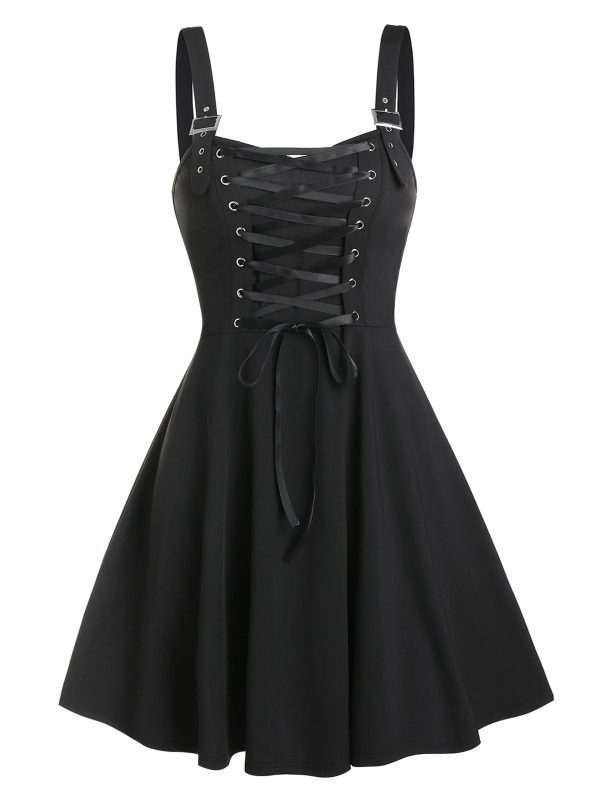 Sexy Lace Up Buckle Strap A Line Dress Gothic Harajuku Vintage Summer Sleeveless Party Dress Women Plus Size Casual Dress