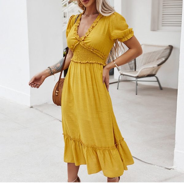 Alternative view of Spring Summer Sexy Ruffles Dress Women Casual High Waist Solid Color Knee Length Dress Ladies Slim Yellow