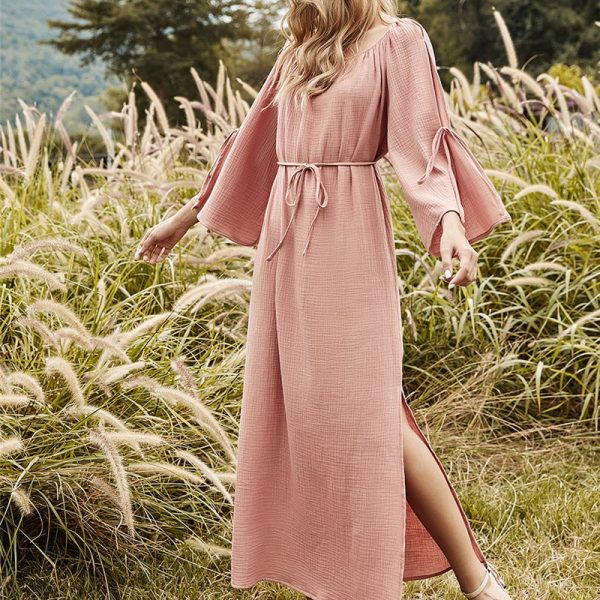 Alternative view of Spring High Waist Bandage Dress Women Long Solid Color Split Full Sleeve Elegant Dresses Ladies Casual Summer Dress