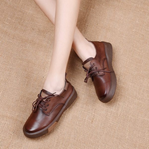 Alternative view of Sneakers Women Genuine Cow Leather Round Toe Lace-Up Ladies Retro Casual Flat Shoes Handmade Loafers