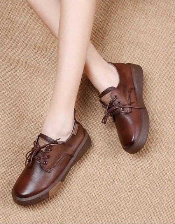 Alternative view of Sneakers Women Genuine Cow Leather Round Toe Lace-Up Ladies Retro Casual Flat Shoes Handmade Loafers