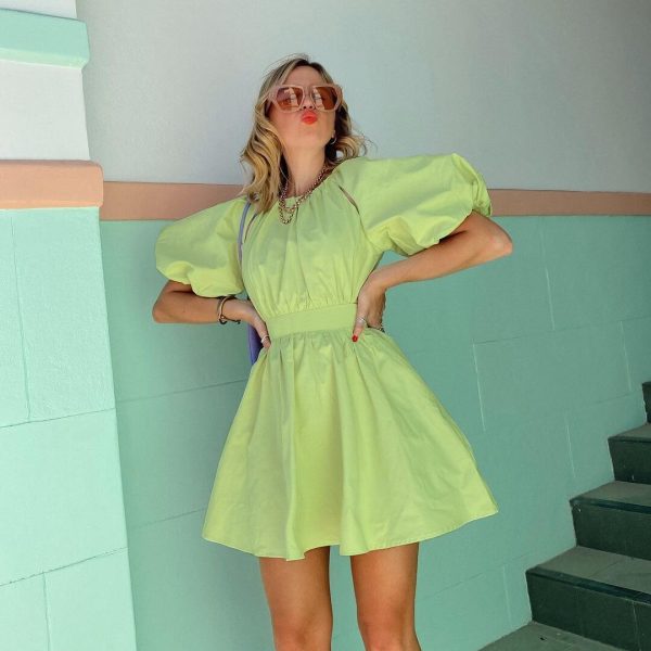 Summer Dress Green Solid Color Round Neck Puff Sleeve Mini Dress High Waist Back Hollow Out Fashion Party new