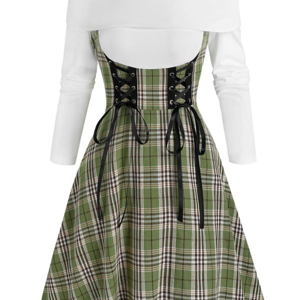 Fashion  Plus Size Women Off The Shoulder Lace Up Plaid Dress Long Sleeves Mini Fall Spring Casual Dress Vintage Robe