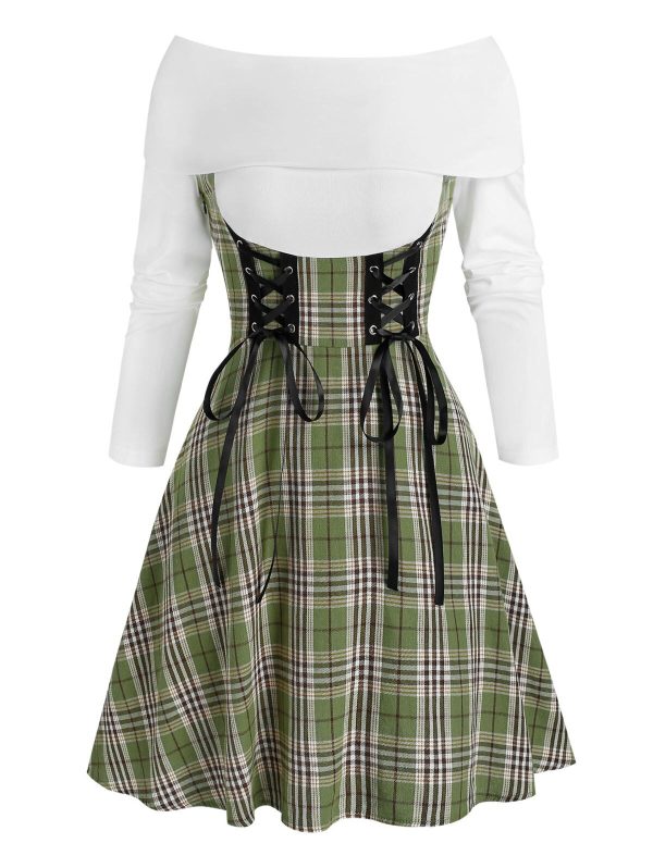 Fashion  Plus Size Women Off The Shoulder Lace Up Plaid Dress Long Sleeves Mini Fall Spring Casual Dress Vintage Robe
