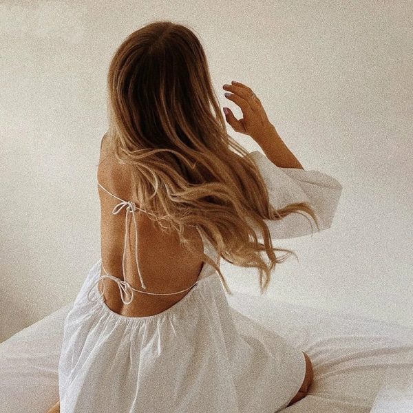 Alternative view of Sexy Backless Lace Up White Women Dress Summer Puff Sleeve Square Collar High Waist a-Line Party Nightclub Female Mini Dress