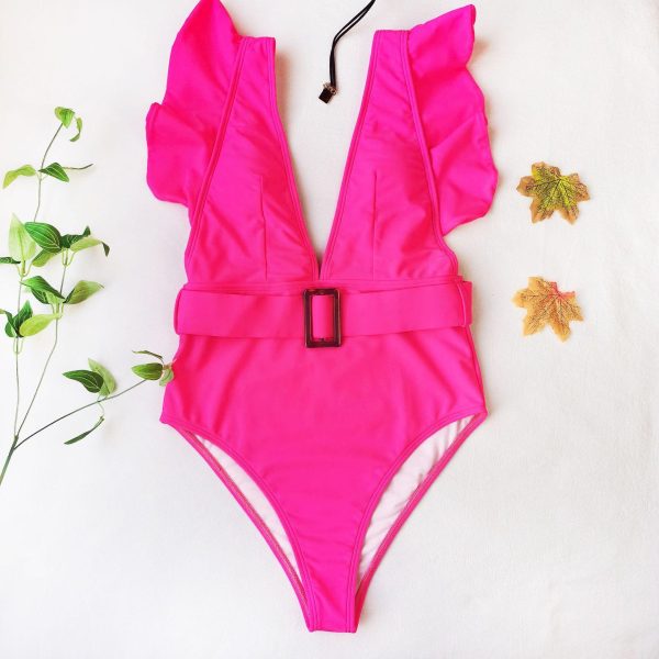 Plunging One Piece Swimsuits Ruffle Swimwear Women 2021 Belted Bathers Sexy Backless Beachwear High Cut Bathing Suits - Hplify