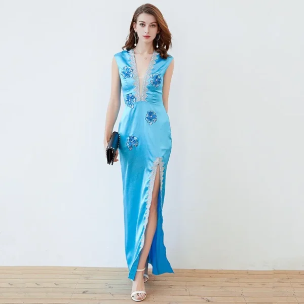 Women's Party Prom Sexy V Neck Sleeveless Split Piping Beaded Appliques Elegant Designer Long Maxi Dress