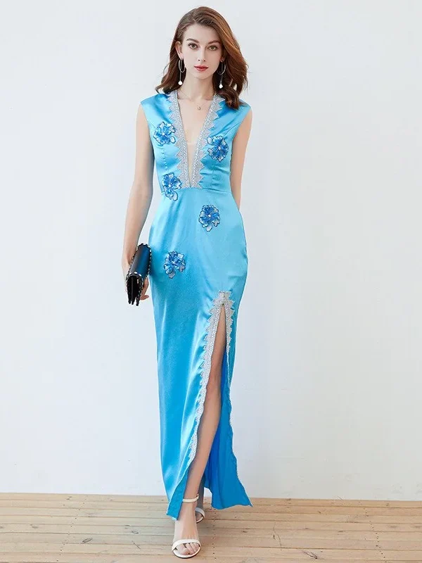 Women's Party Prom Sexy V Neck Sleeveless Split Piping Beaded Appliques Elegant Designer Long Maxi Dress