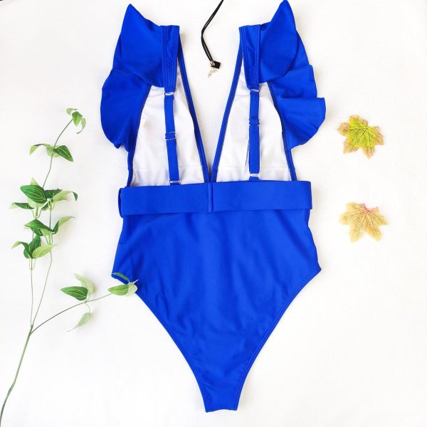 Plunging One Piece Swimsuits Ruffle Swimwear Women 2021 Belted Bathers Sexy Backless Beachwear High Cut Bathing Suits - Hplify