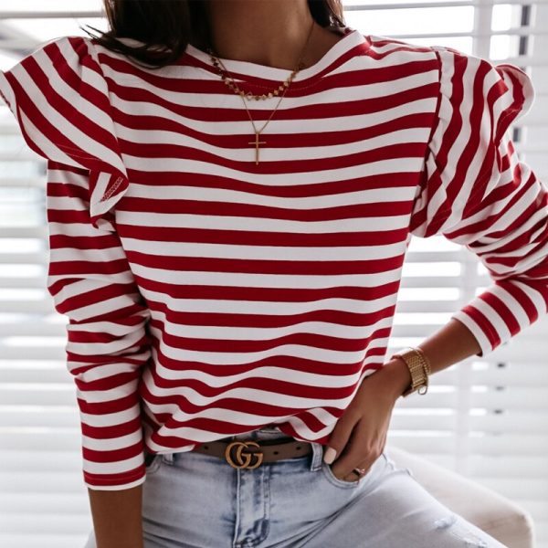 Alternative view of Women Ruffles Striped Tops Long Sleeve O Neck Leisure T -Shirts Office Work Fashion  Autumn Tees Loose