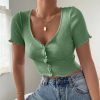 V-Neck Ribbed Short-Sleeve Button Short Top Deep Streetwear Tank Tops - Hplify