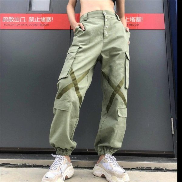 Big Pockets Hip Pop Streetwear Ribbon Cross Ladies Cargo Pants Women Casual Joggers High Waist Loose Female Buttons Trousers - Hplify