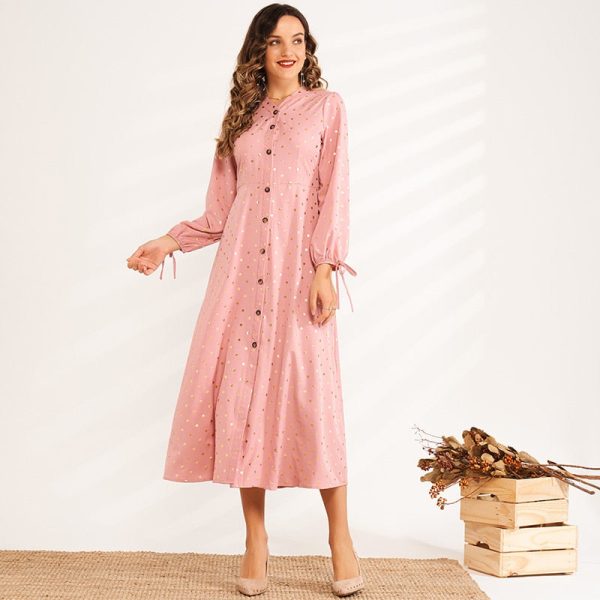 Stamping Wave Point Slim Long V-neck Long-sleeved Bow Sweet and Elegant A-line Woman Pink Dress