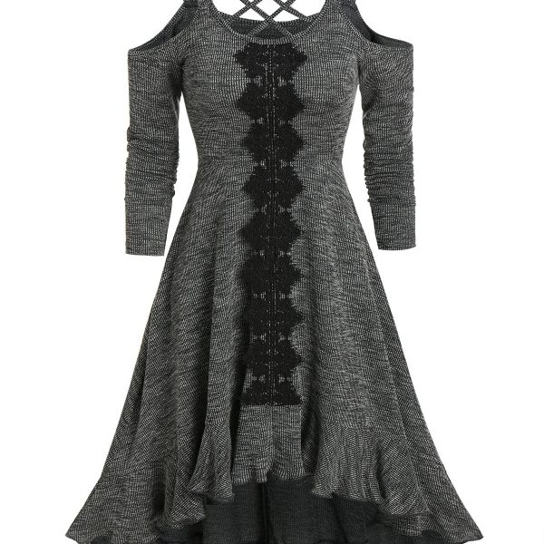 Crisscross Cold Shoulder Knitted Dip Hem Dress High Low Dress Long Sleeve Knit Dresses Cold Shoulder Long Clothing