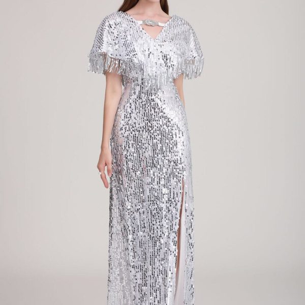 Alternative view of Women's Party Dress Low V Back Cape Detailing Tassels Shinning Split Elegant Long Prom Dresses