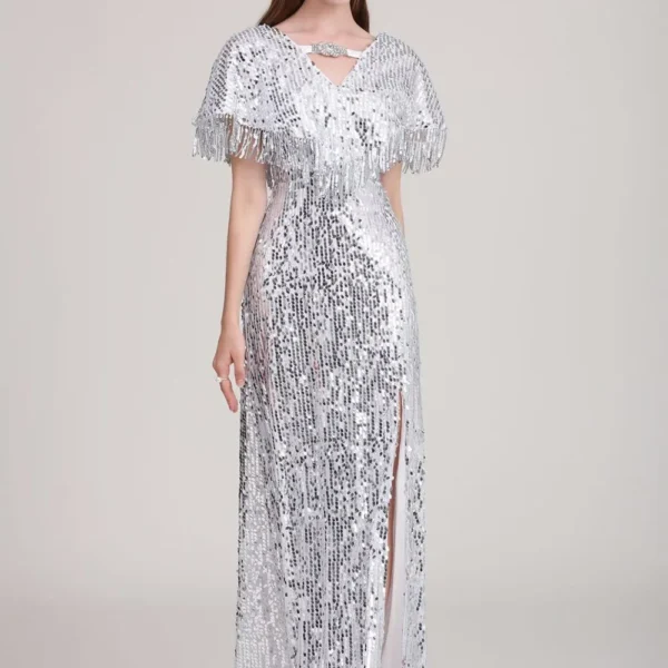 Alternative view of Women's Party Dress Low V Back Cape Detailing Tassels Shinning Split Elegant Long Prom Dresses