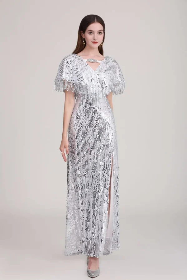 Alternative view of Women's Party Dress Low V Back Cape Detailing Tassels Shinning Split Elegant Long Prom Dresses