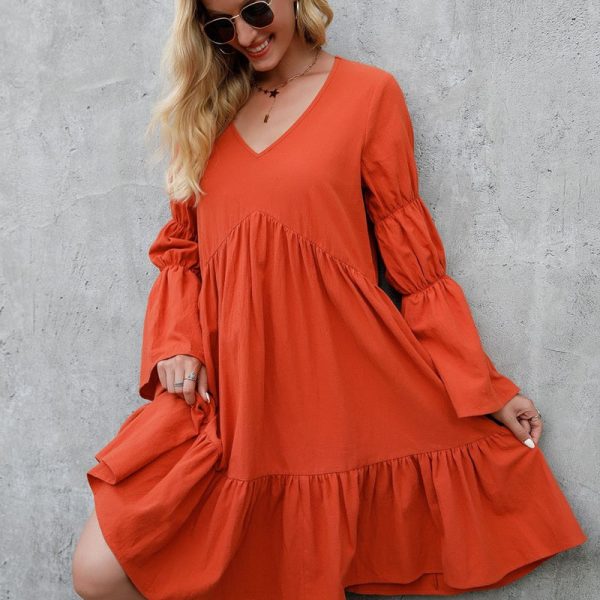 Summer Bohemian Holiday Long Dress For Laides Big Swing Ruffle V Neck Solid Color All Match Causal Chic Dress
